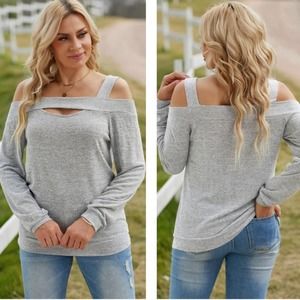 Gray Heathered Cold-Shoulder Long Sleeve Top
